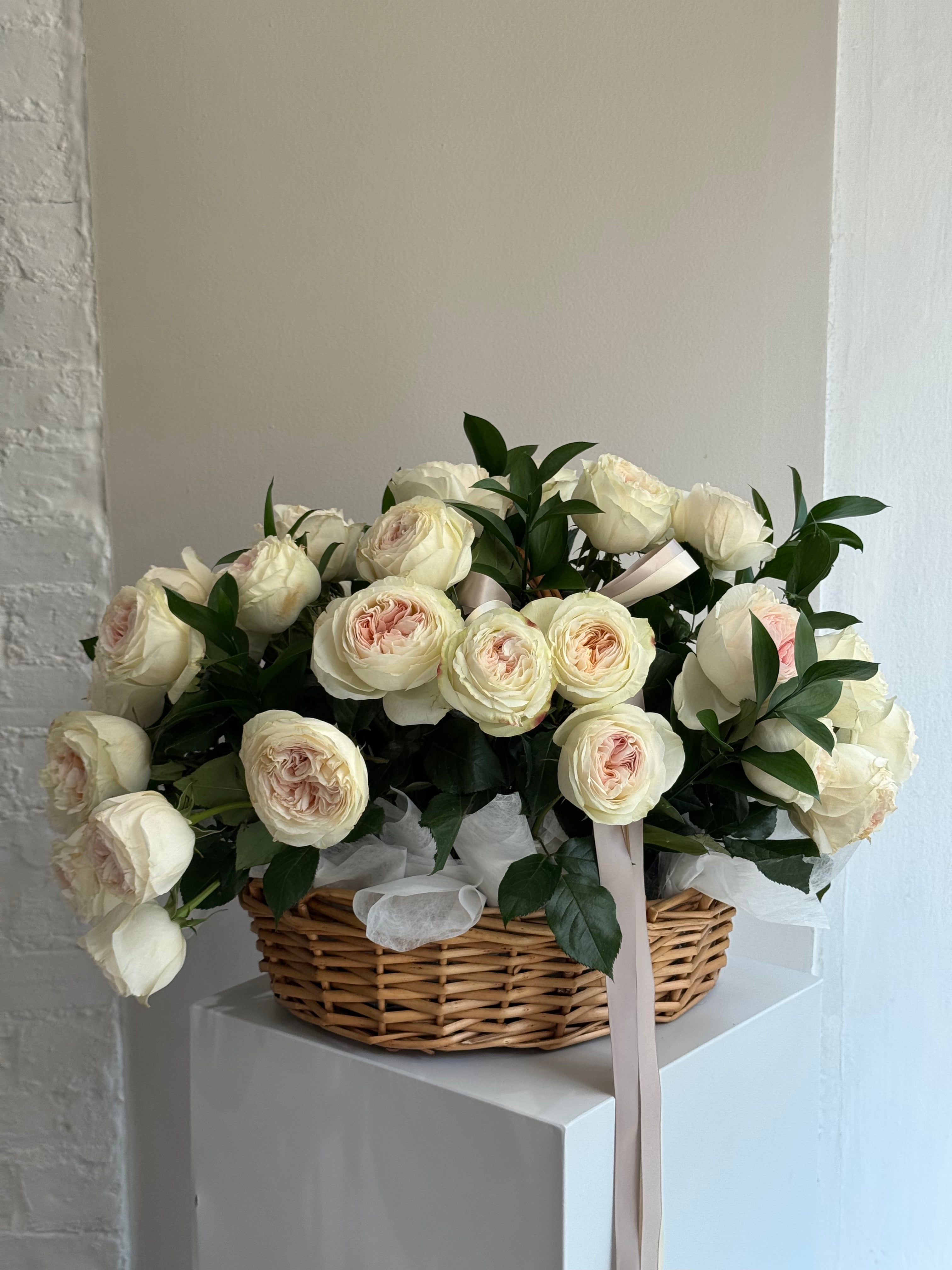 Basket of White Garden Roses