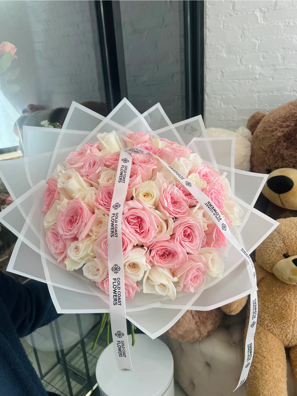 50 white and pink O’Haras flower bouquet by Gold Coast Flowers in Chicago