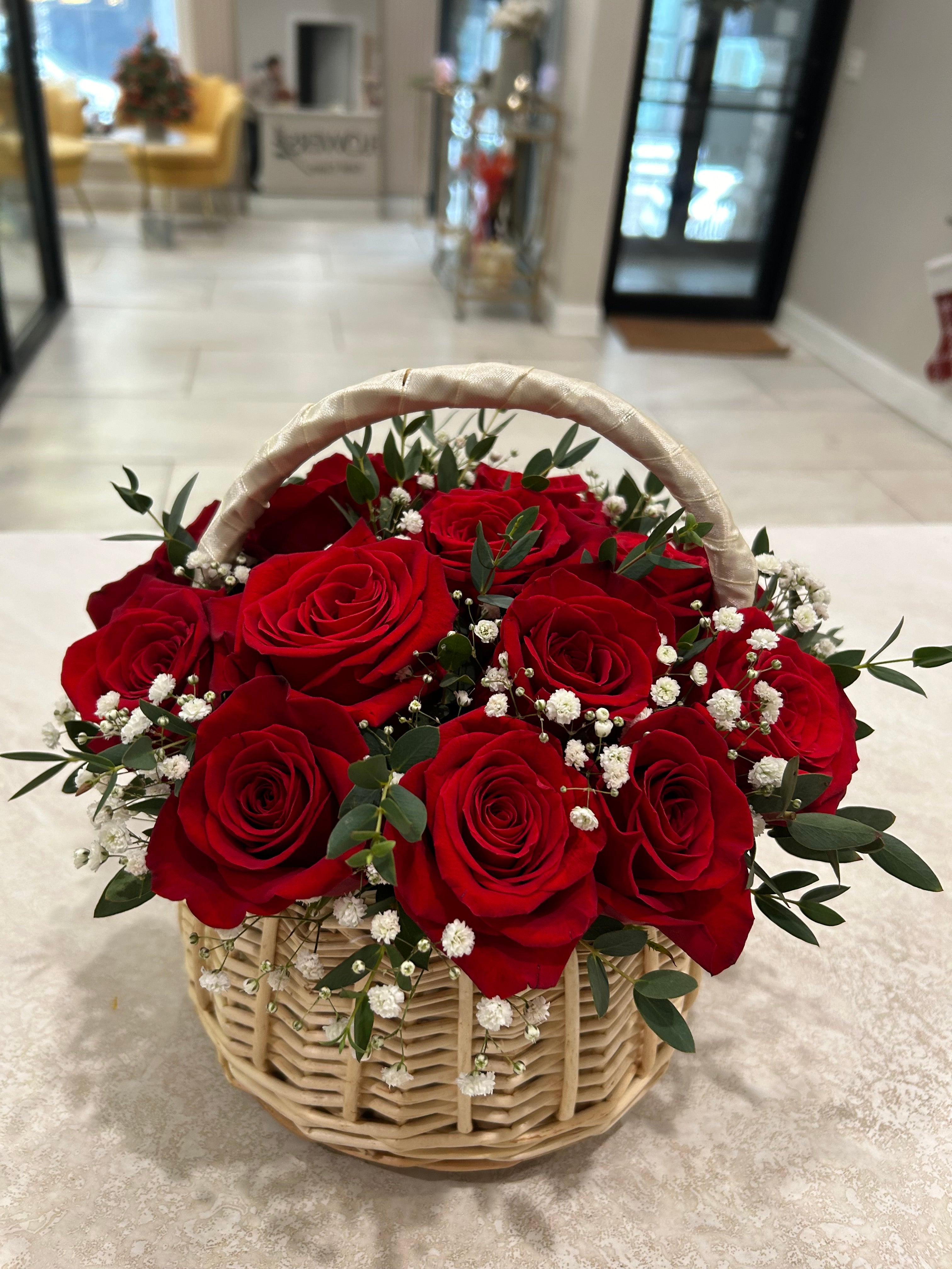 Red roses in basket