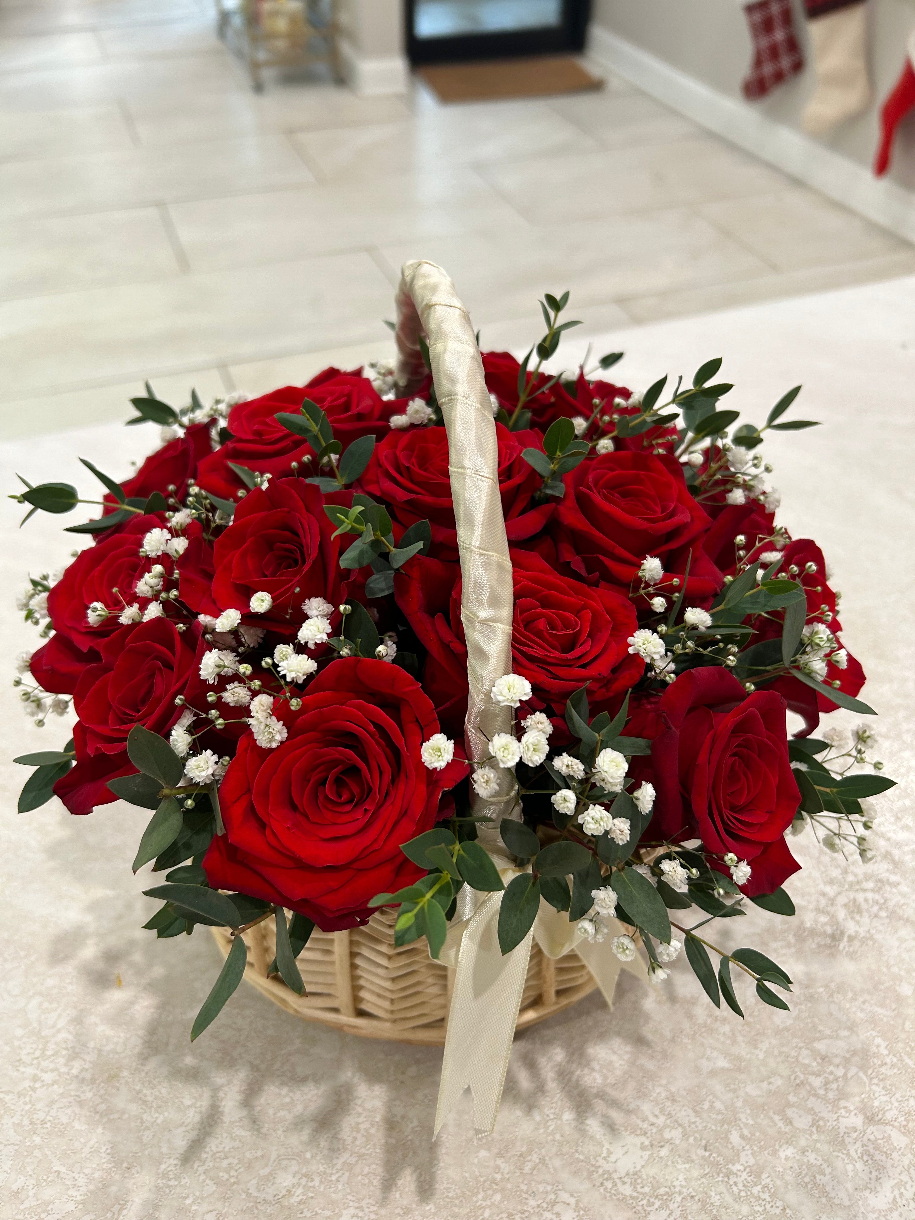 Red roses in basket