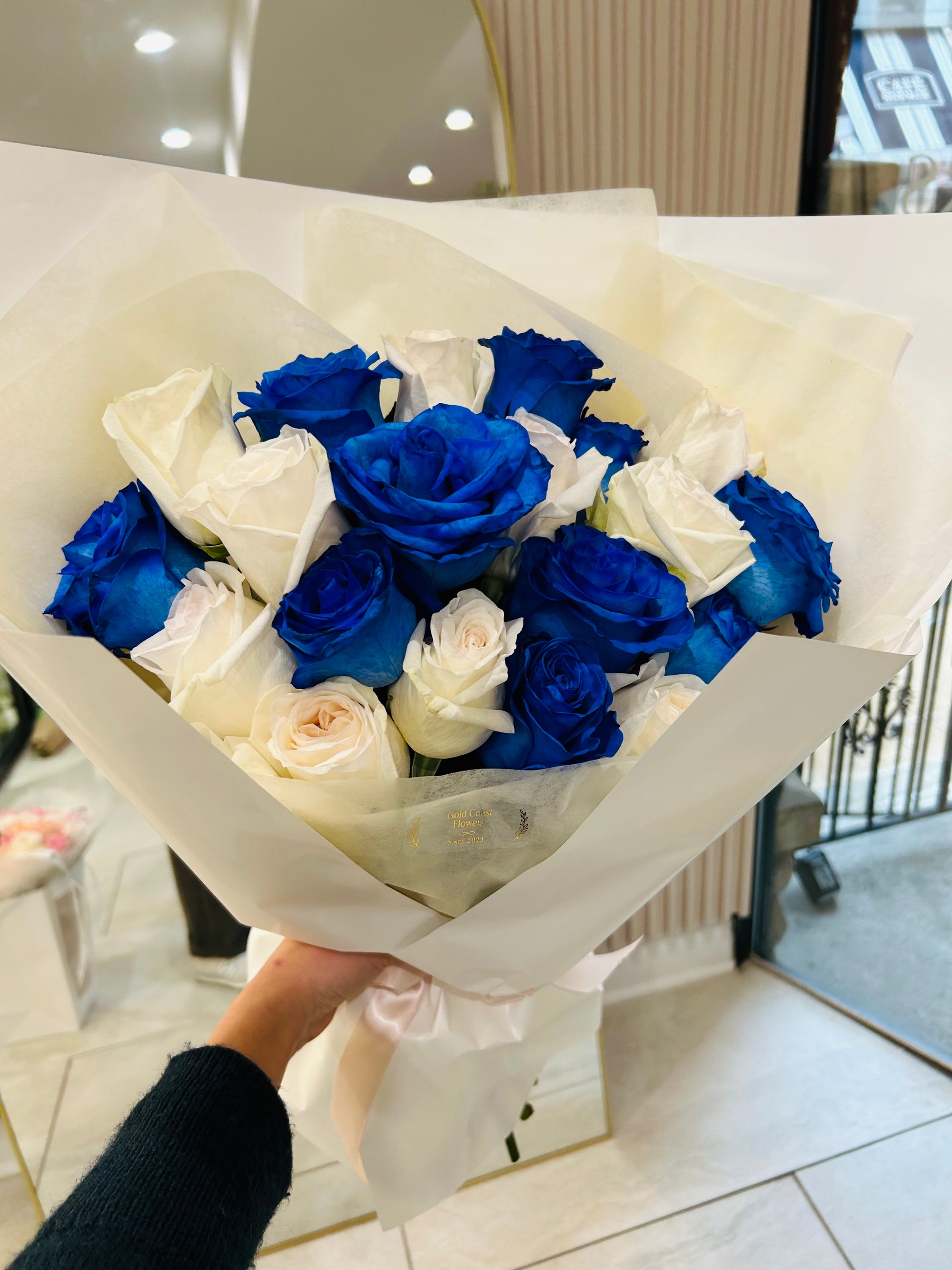White and blue roses