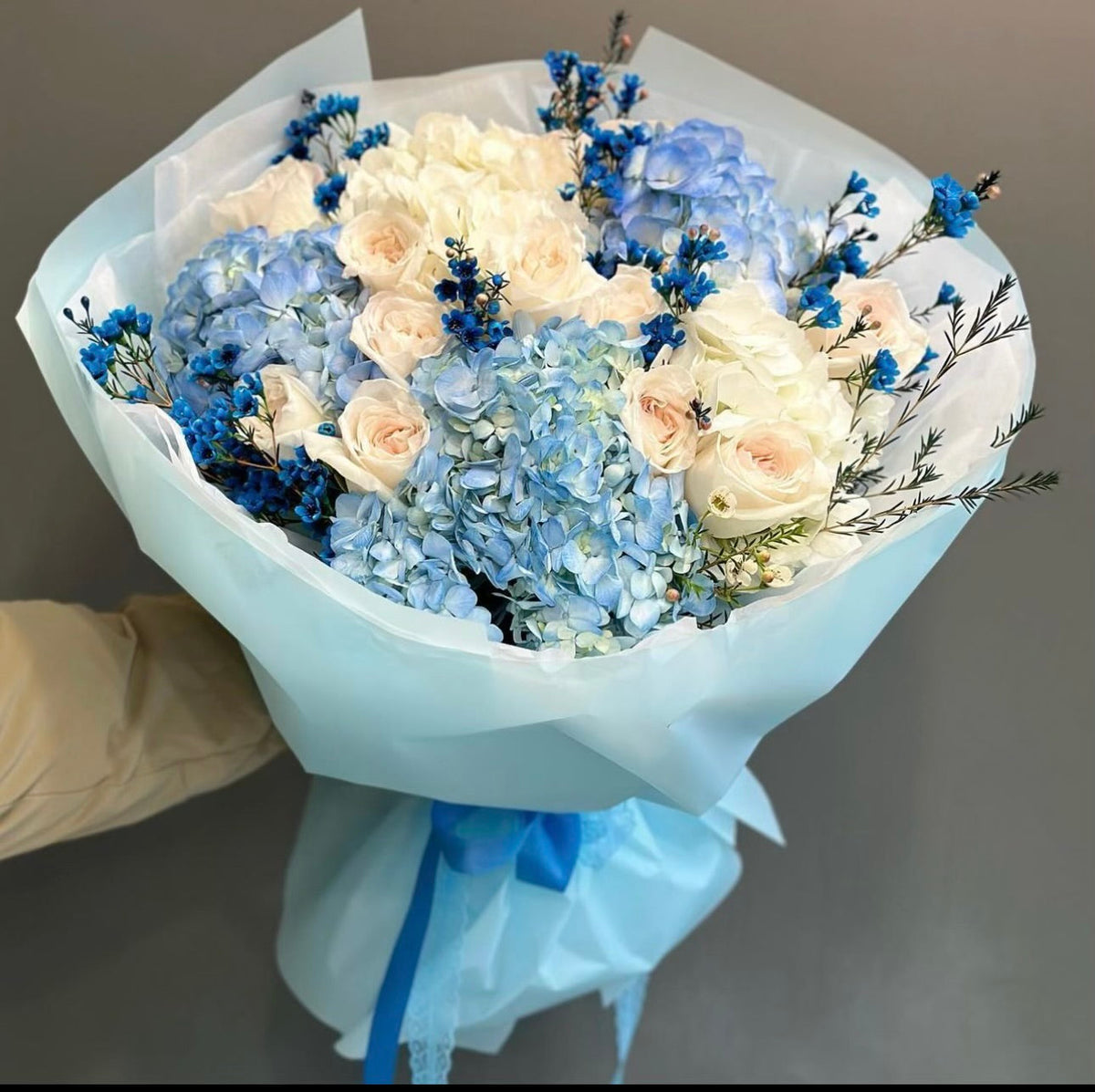 Blue Hydrangea & White Rose Bouquet