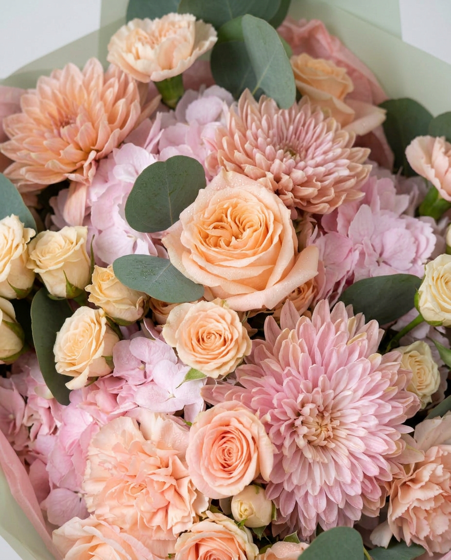 Peach and pink rose bouquet with chrysanthemums, carnations and eucalyptus in Chicago