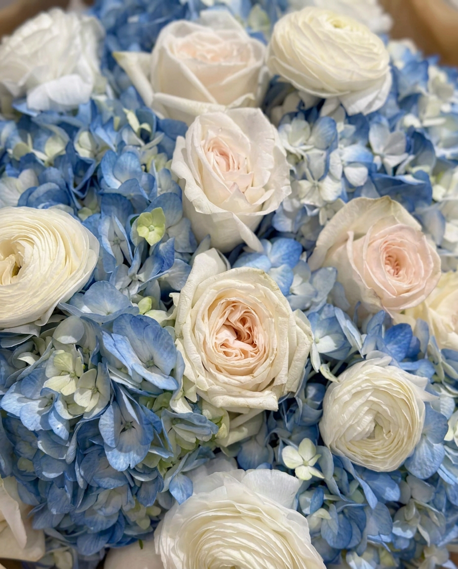 Blue Elegance Hydrangea & Rose Bouquet