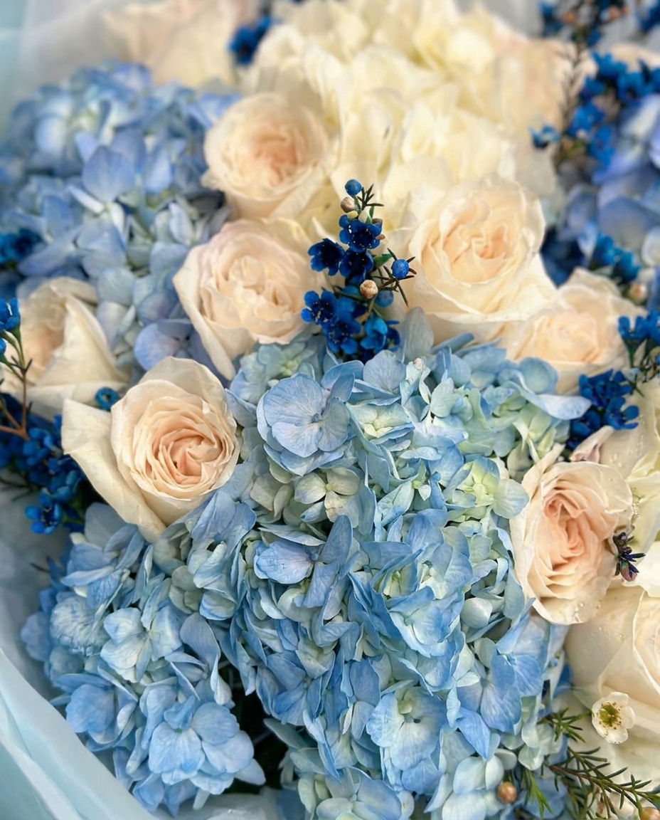 Blue Hydrangea & White Rose Bouquet