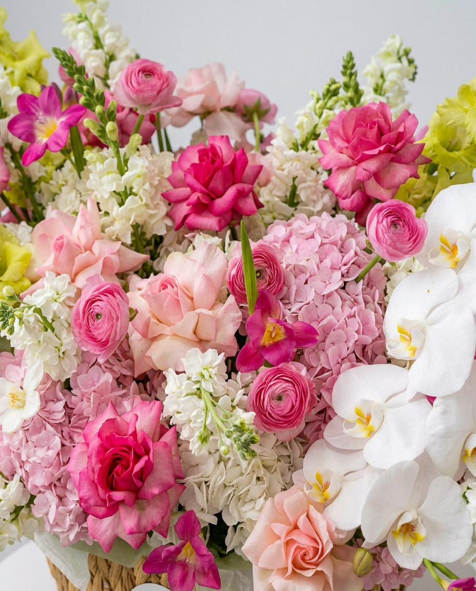 Luxury pink orchid and rose arrangement with hydrangea in a woven basket in Chicago