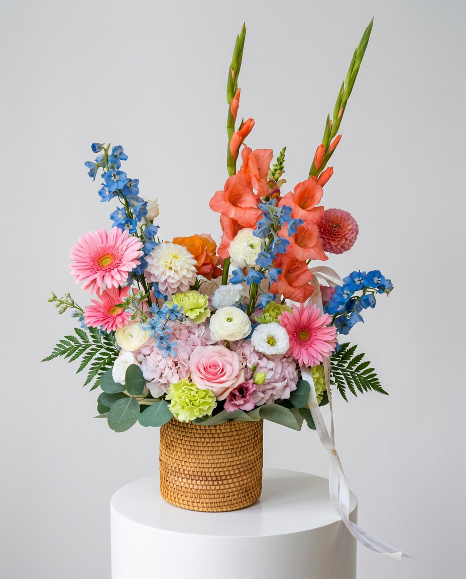 Colorful flower arrangement with gerberas, gladiolus, delphinium, hydrangea and roses in Chicago