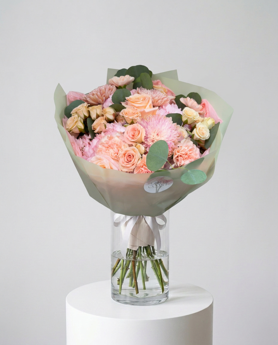 Peach and pink rose bouquet with chrysanthemums, carnations and eucalyptus in Chicago