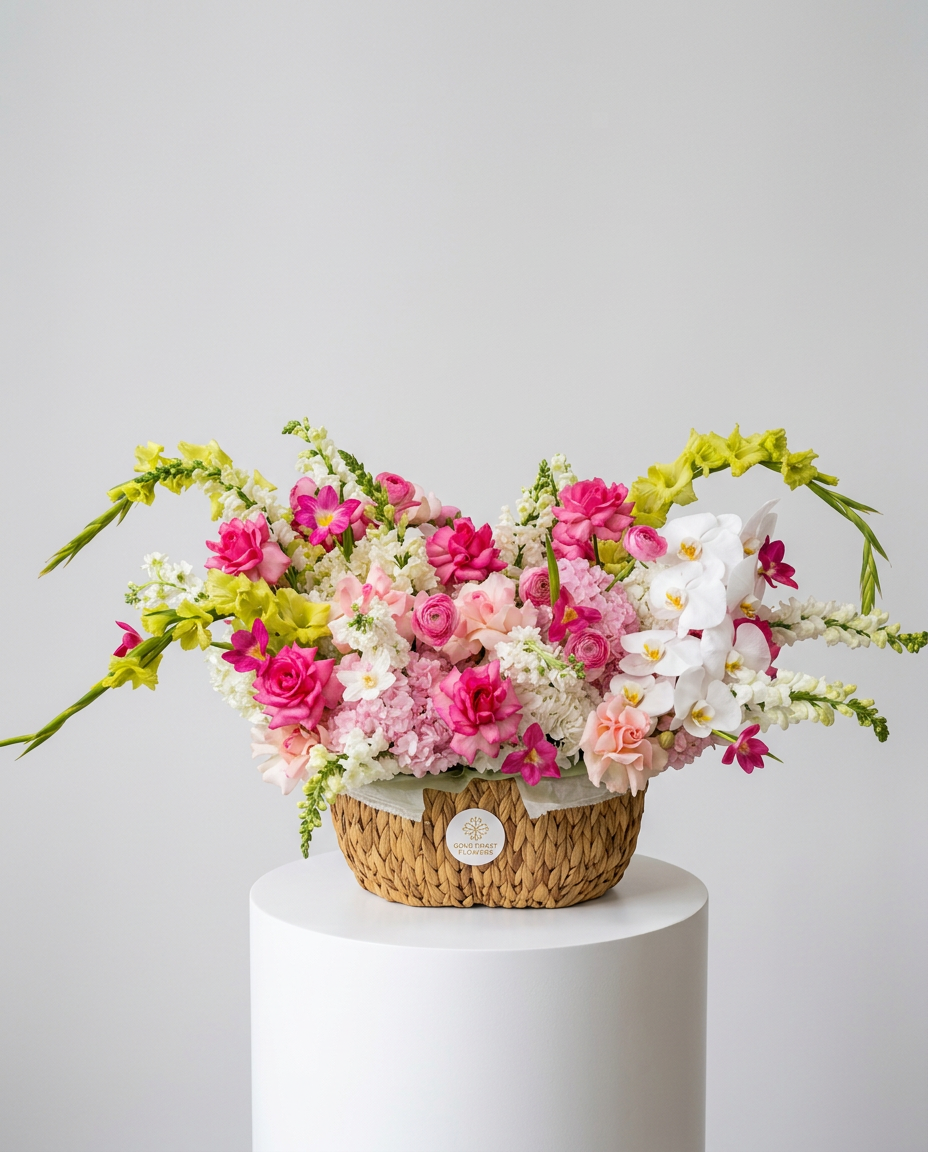 Luxury pink orchid and rose arrangement with hydrangea in a woven basket in Chicago