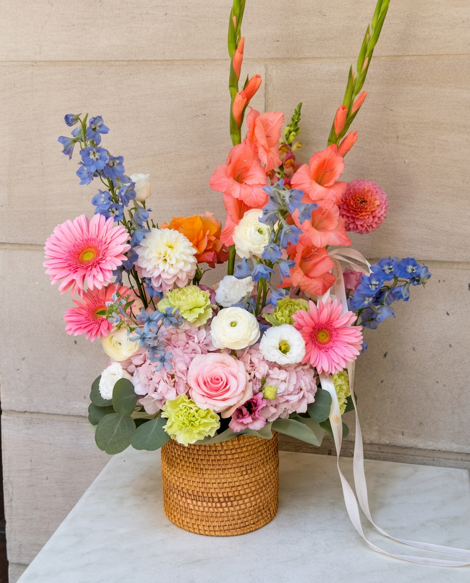 Colorful flower arrangement with gerberas, gladiolus, delphinium, hydrangea and roses in Chicago