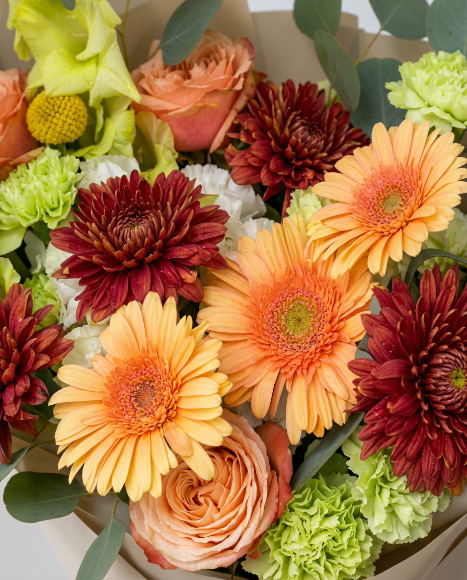 Peach and green flower bouquet with gerberas, roses, chrysanthemums and gladiolus in Chicago